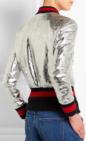 Crackle Leather Metallic Bomber Jacket-Silver