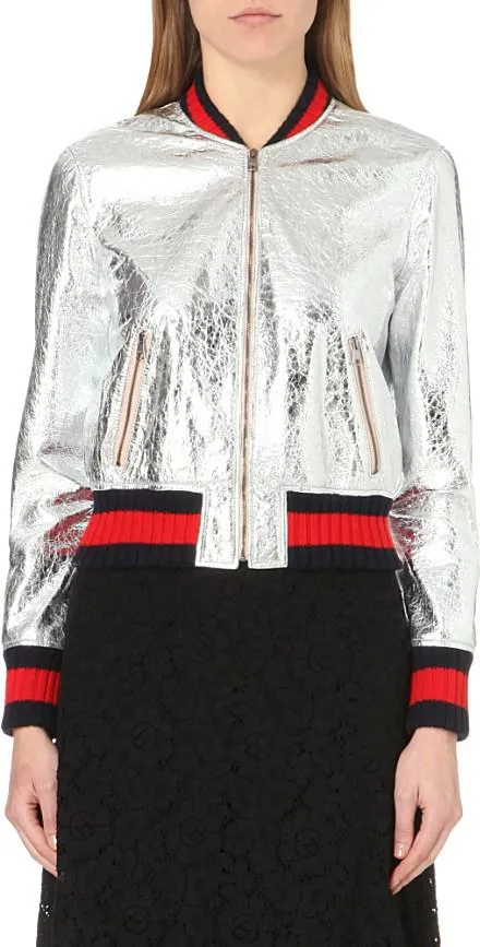 Crackle Leather Metallic Bomber Jacket-Silver