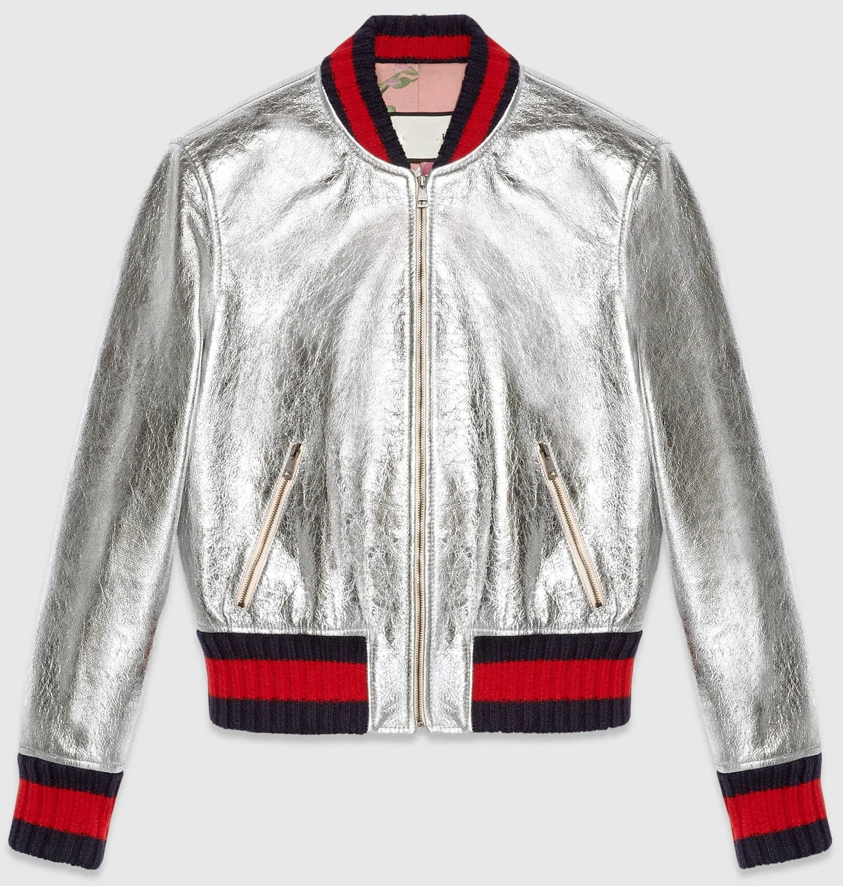 Crackle Leather Metallic Bomber Jacket-Silver