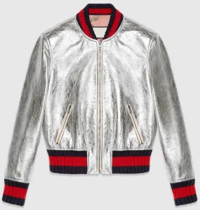 Crackle Leather Metallic Bomber Jacket-Silver