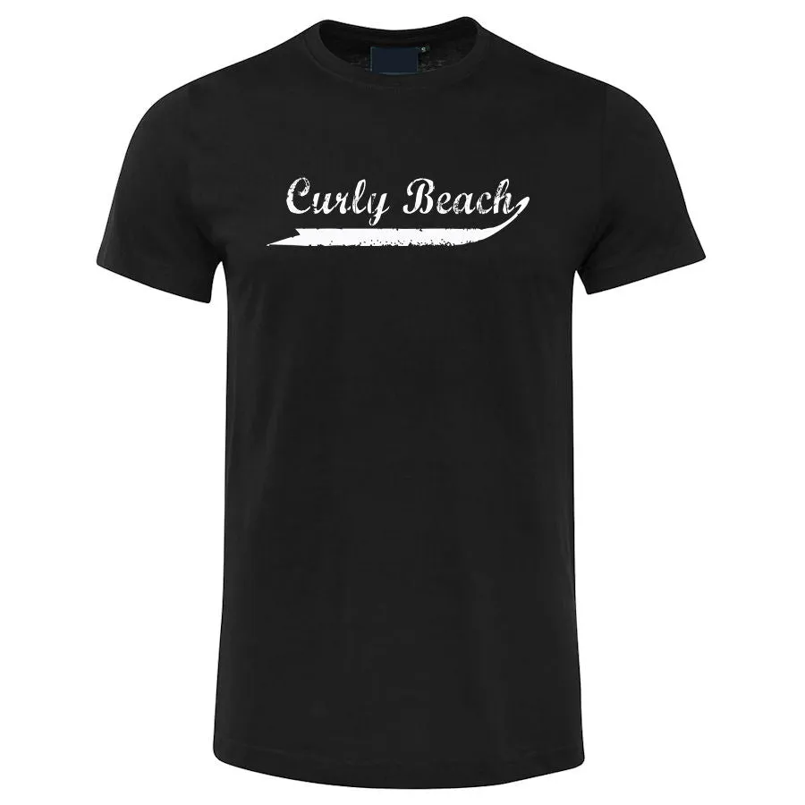 Curly Beach White Text Logo Adults T-Shirt (Black)