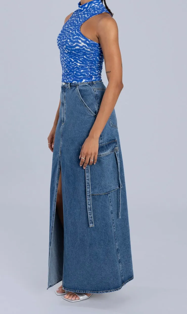 Denim Cargo Maxi Skirt