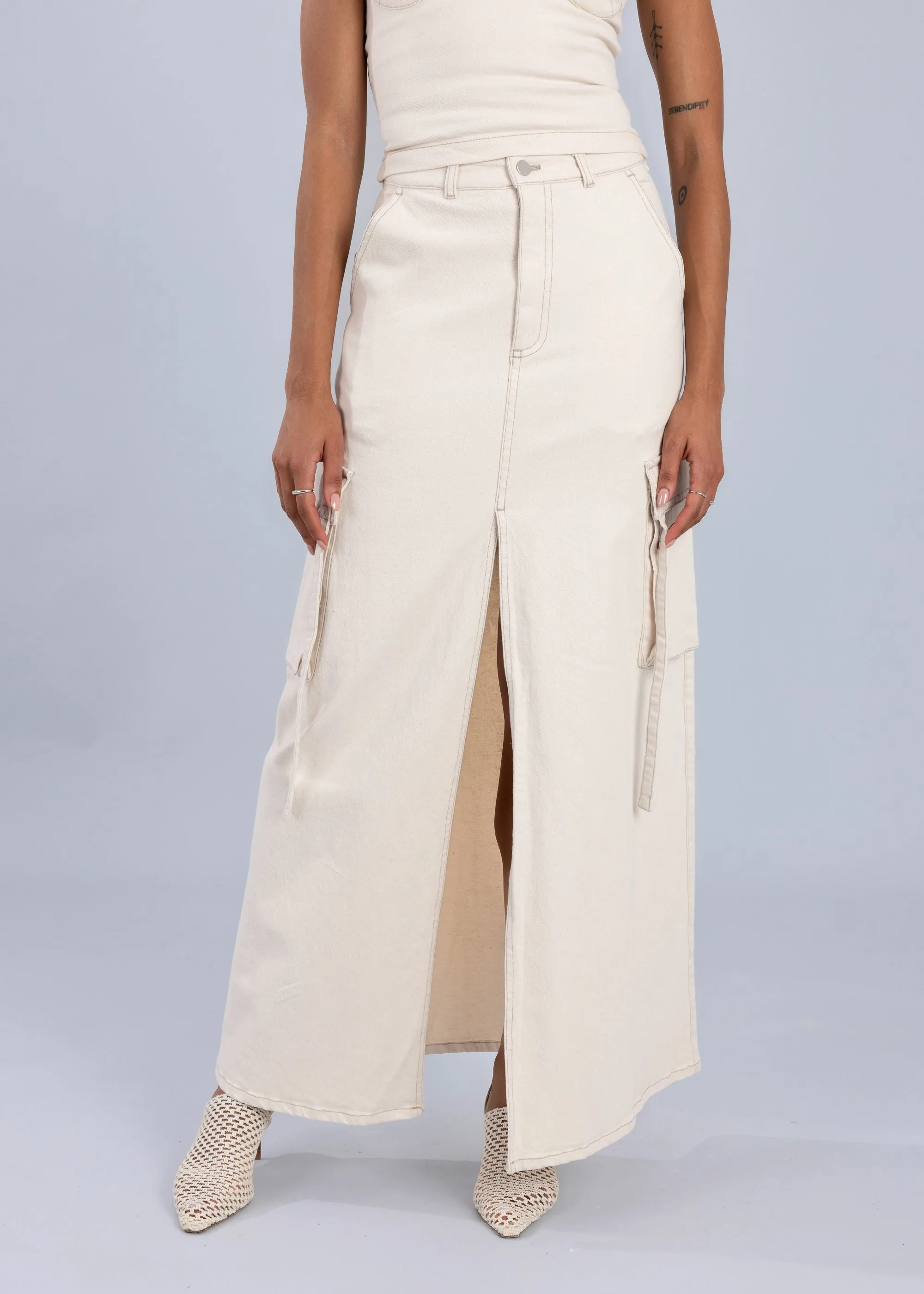 Denim Cargo Maxi Skirt