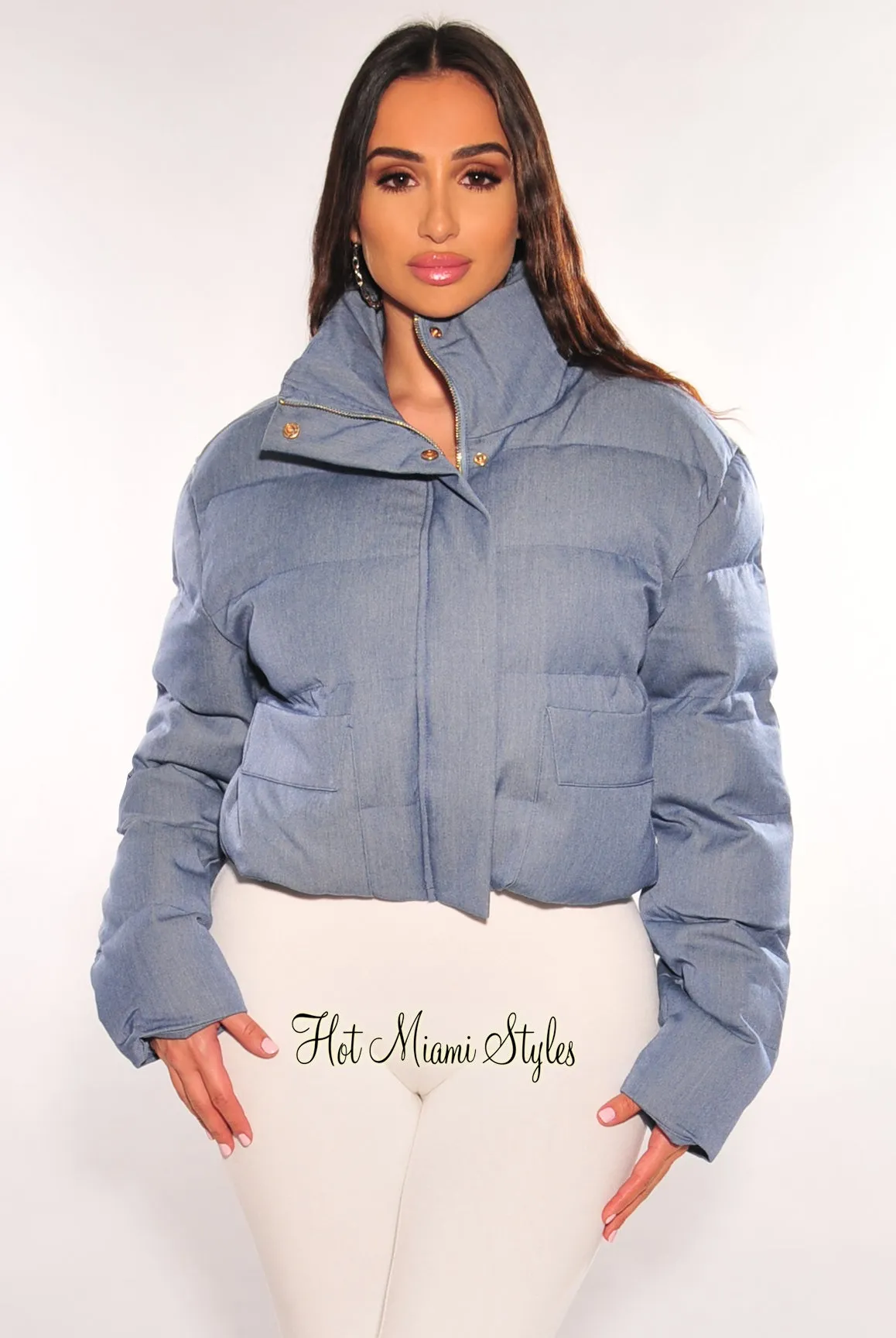 Denim Puffer Bomber Zipper Long Sleeve Cropped Jacket