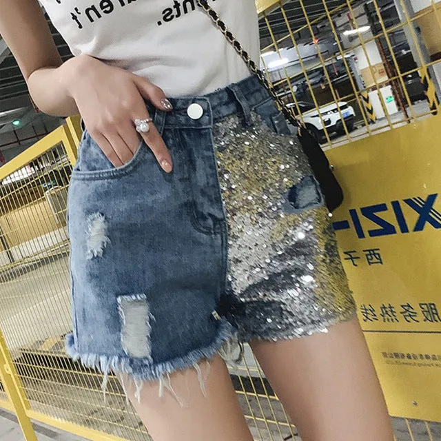 Denim Sequin Shorts