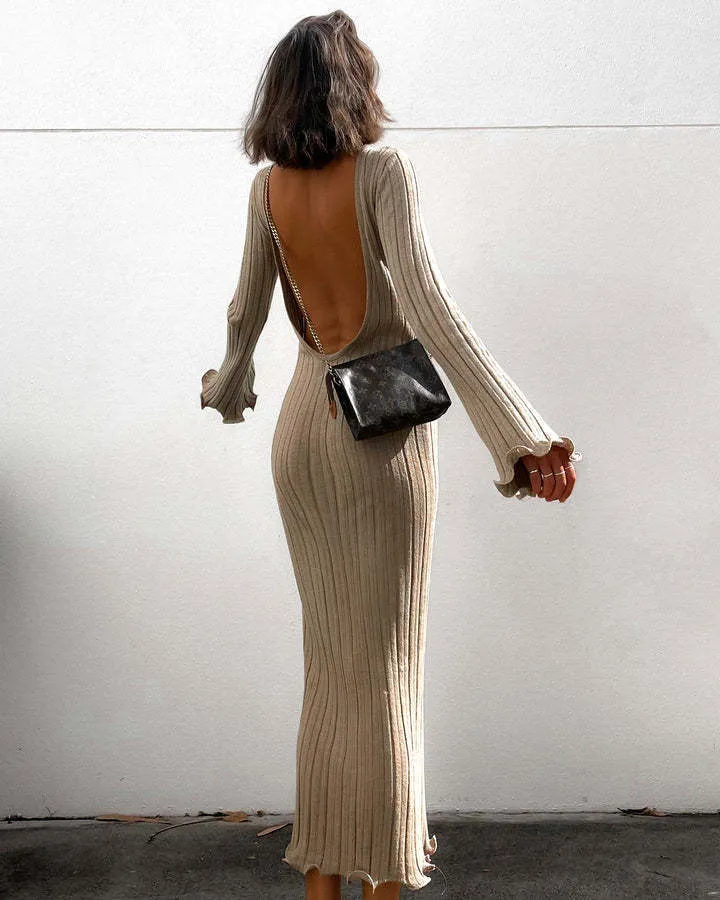 Diva - Fashion Slim Long-sleeved Ruffled Long Dress Sexy Hip-wrapped Back-less Knitted Maxi Dresses.