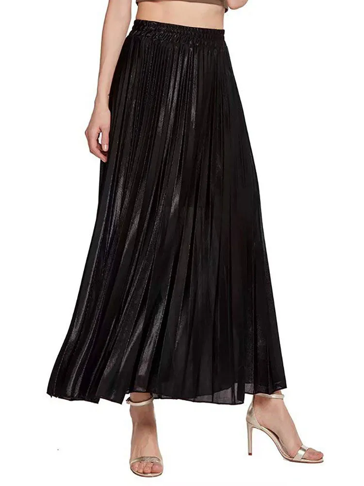 Elastic Waist Solid Color Pleated Maxi Skirts