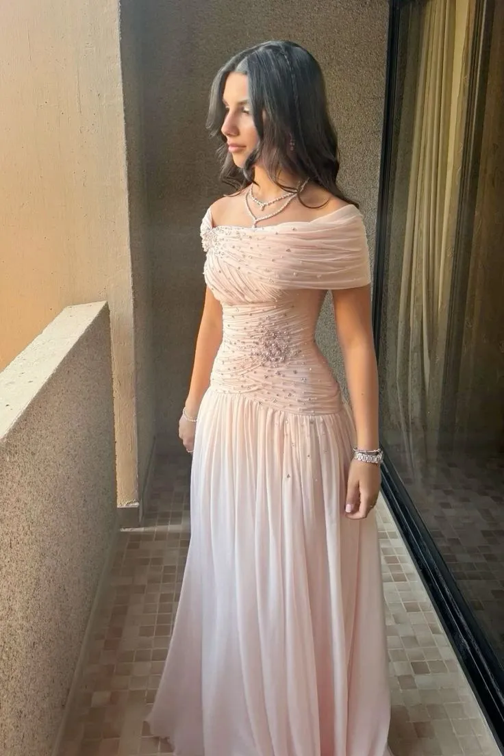 Elegant Off-shoulder Sleeveless Light Pink Long Evening Prom Dresses     fg6972