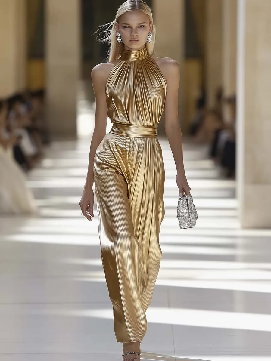 Elegant Personality Half Turtleneck Sleeveless Gold Pleated Jumpsuit