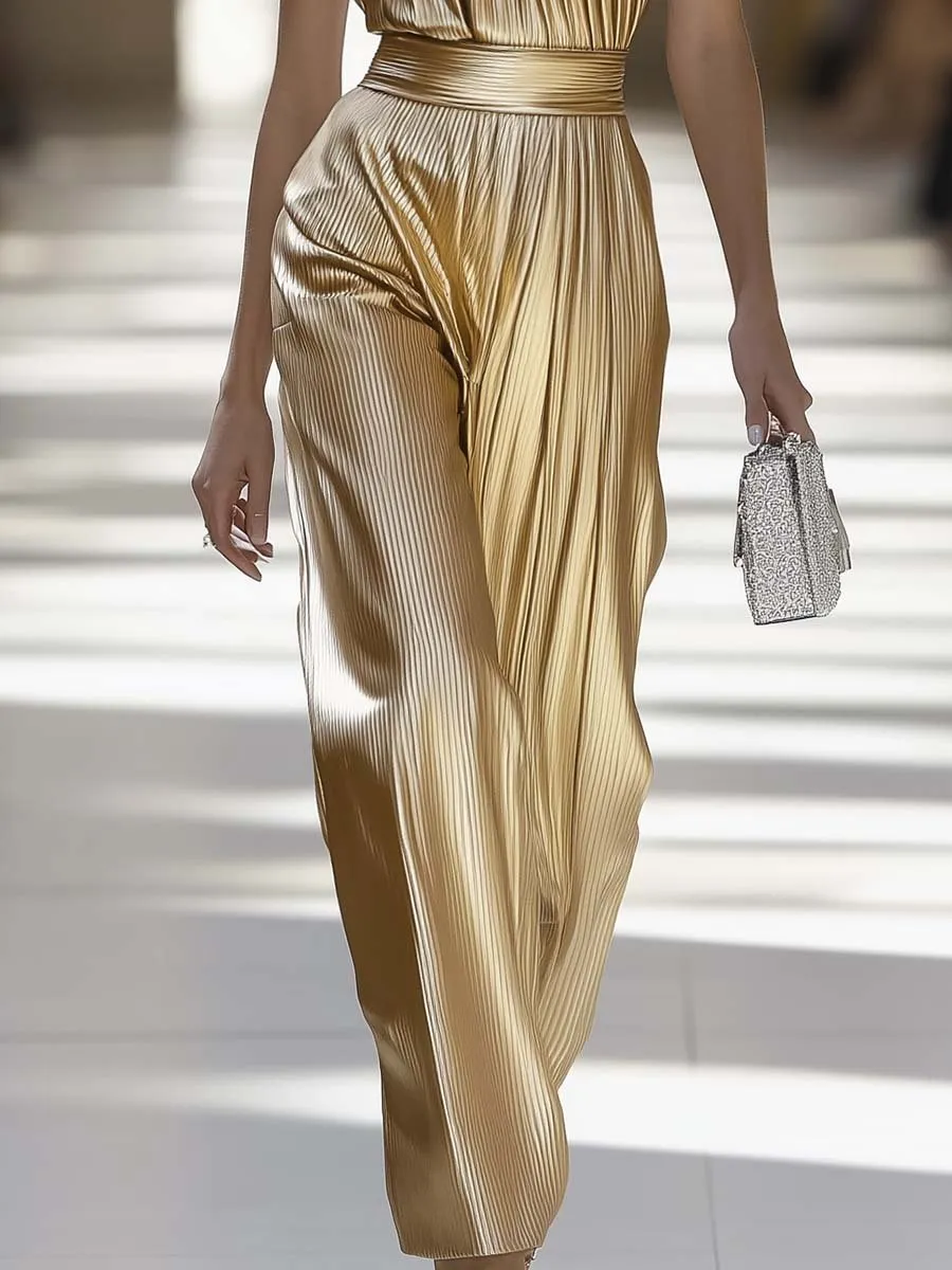 Elegant Personality Half Turtleneck Sleeveless Gold Pleated Jumpsuit