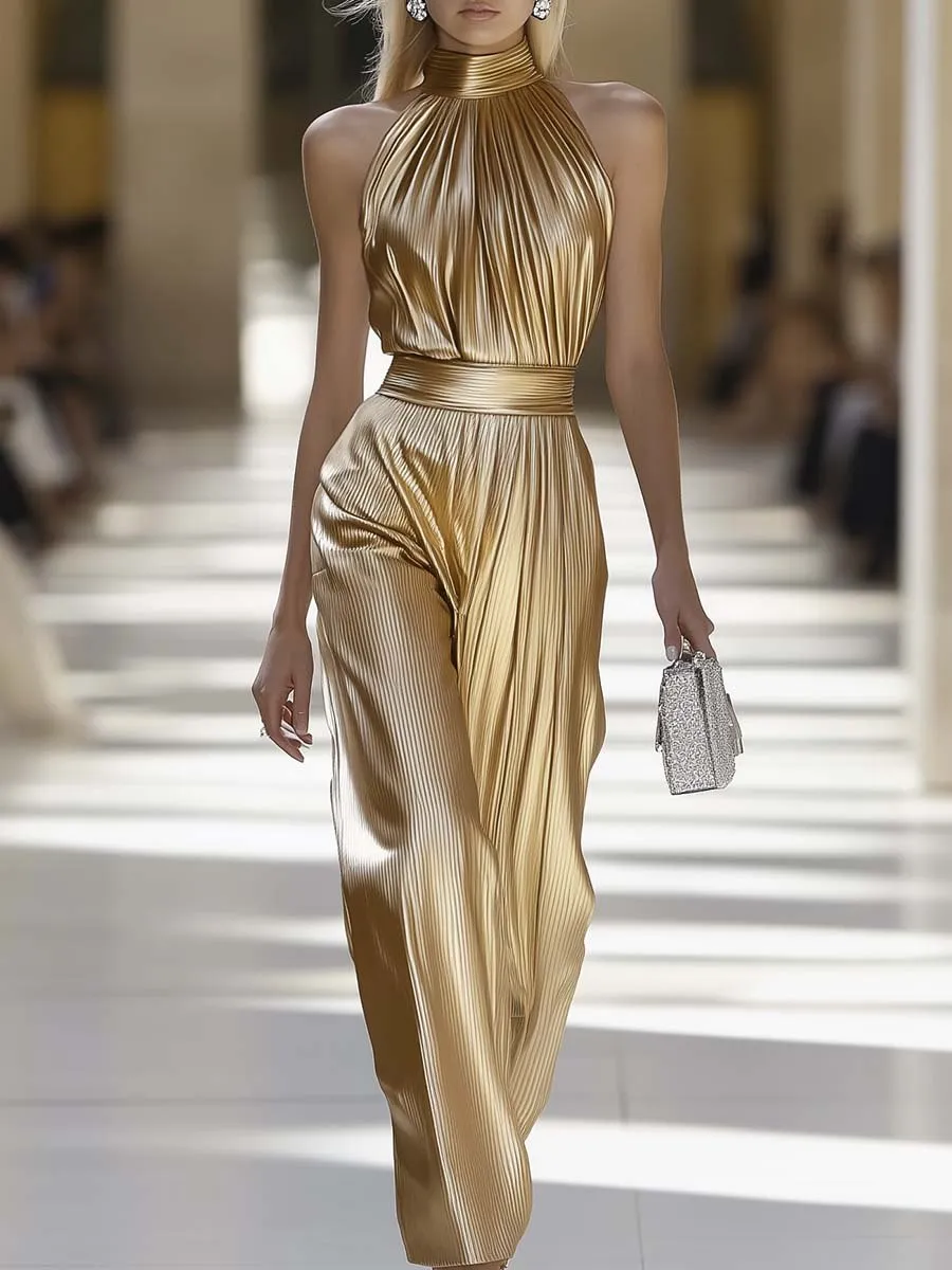 Elegant Personality Half Turtleneck Sleeveless Gold Pleated Jumpsuit