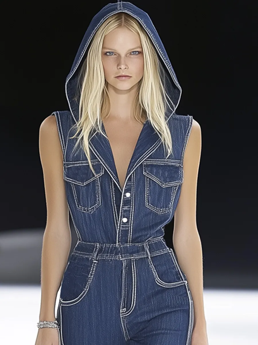 Elegant Premium Denim With Hood Jumpsuit