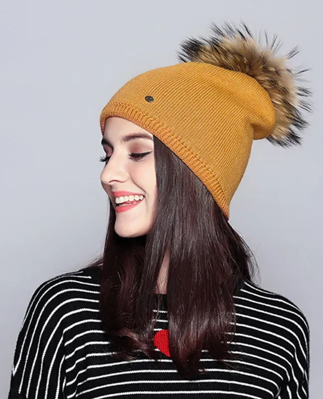 Elegant Raccoon Fur Double Layer Beanie