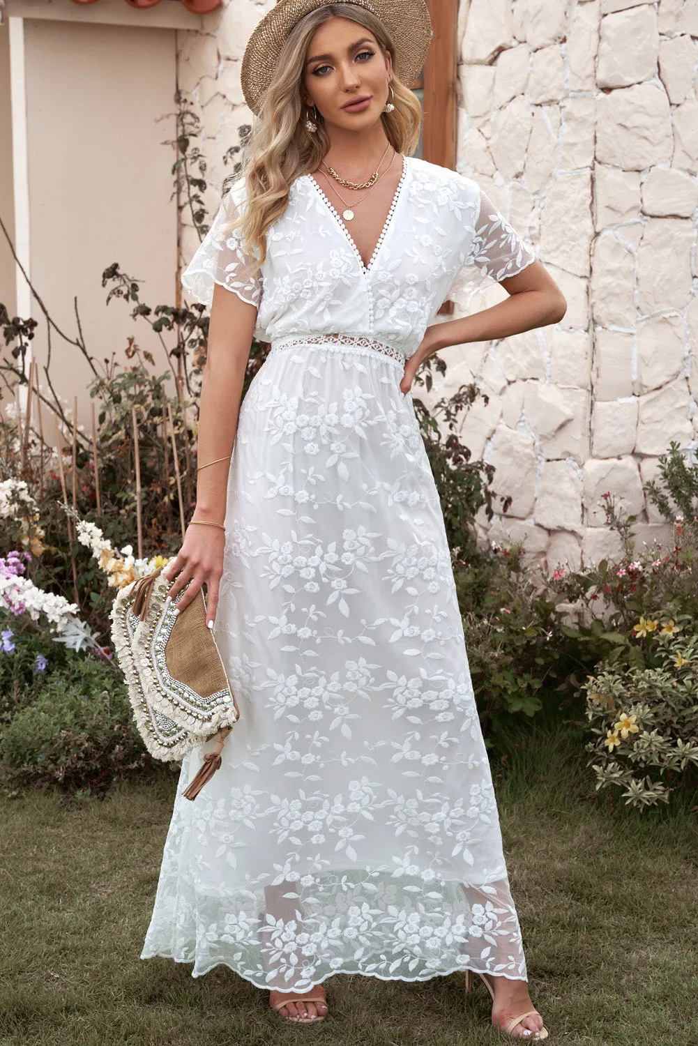 Embroidered Surplice Neck Maxi Dress