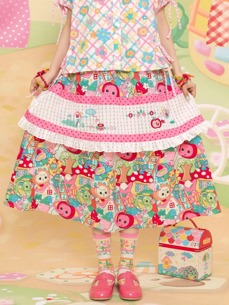 Embroidery Stitching Print Multi-layer Skirt