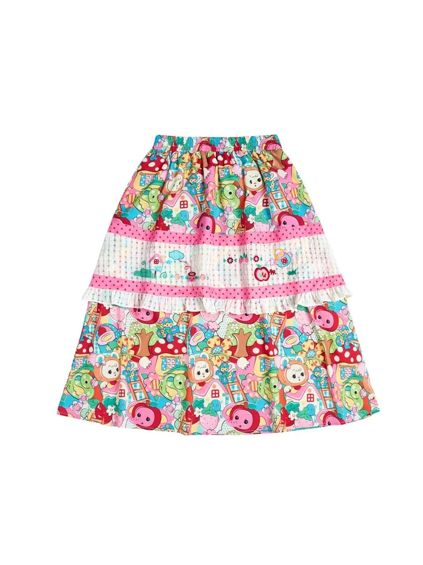 Embroidery Stitching Print Multi-layer Skirt