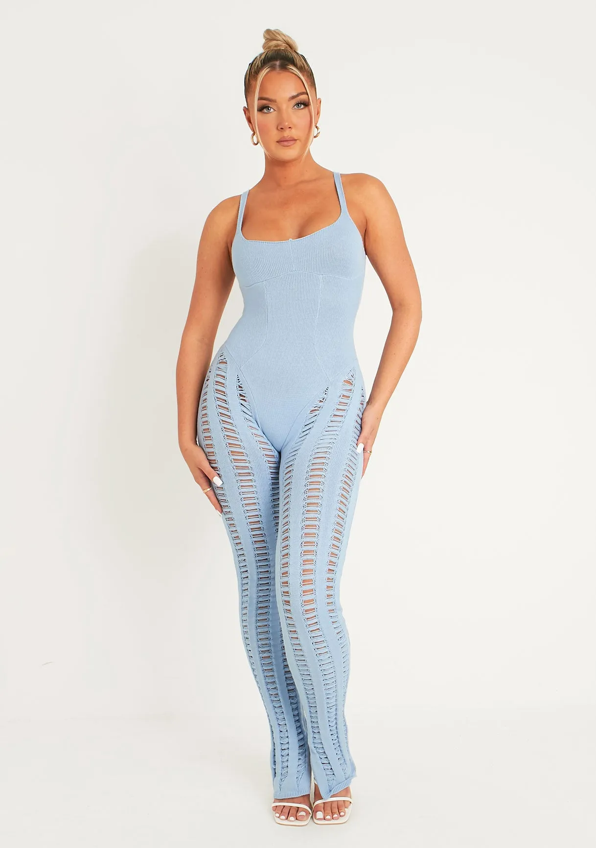 Eva Pastel Blue Laddered Knitted Seam Jumpsuit