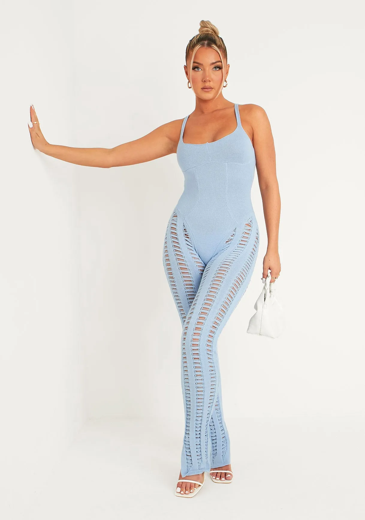 Eva Pastel Blue Laddered Knitted Seam Jumpsuit