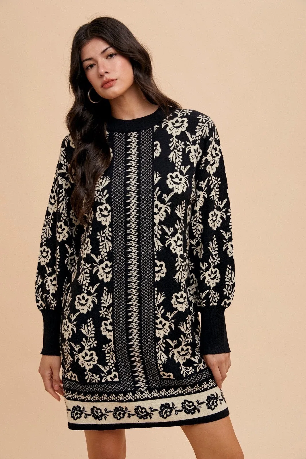 Floral Jacquard Round Neck Black Sweater Dress