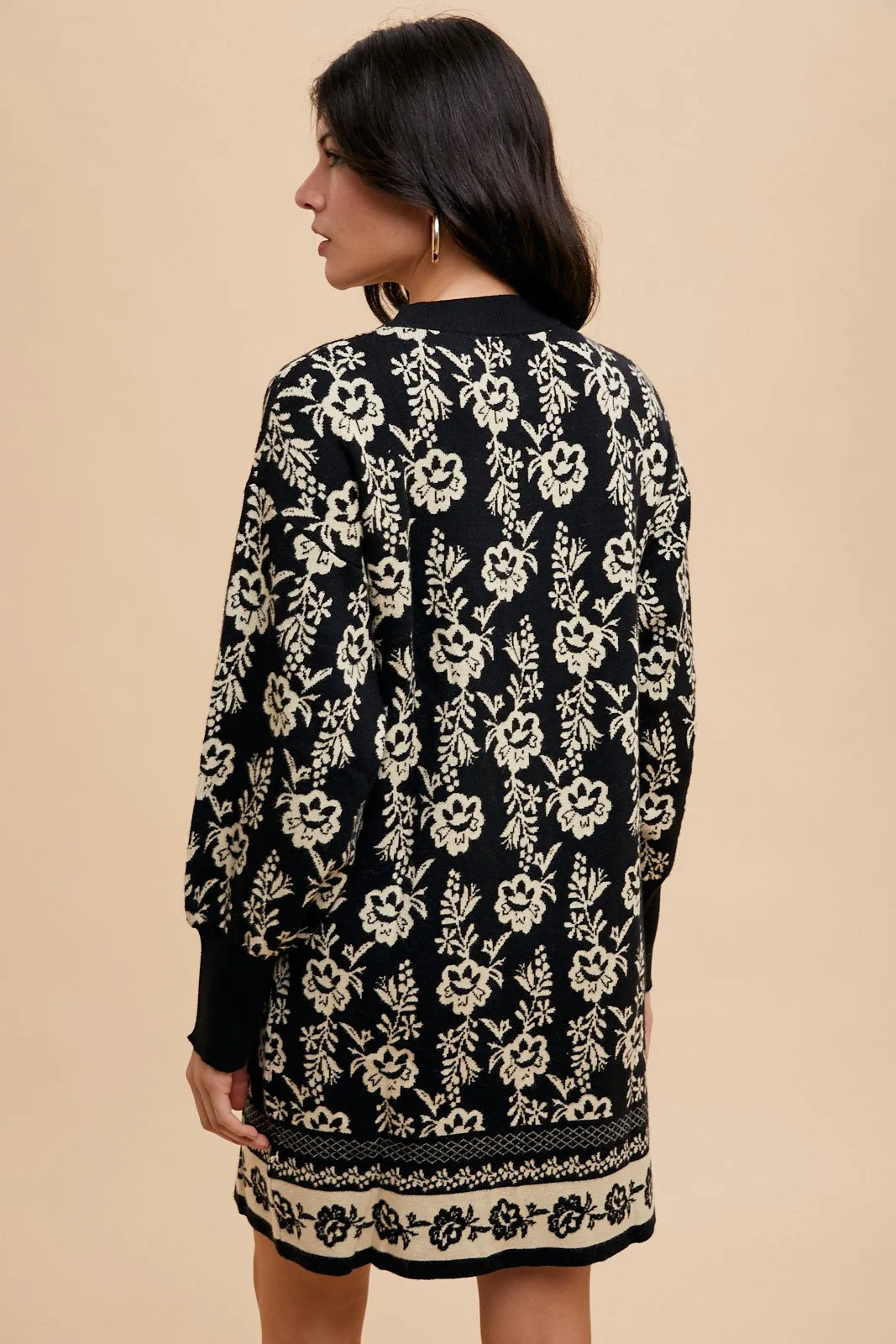 Floral Jacquard Round Neck Black Sweater Dress