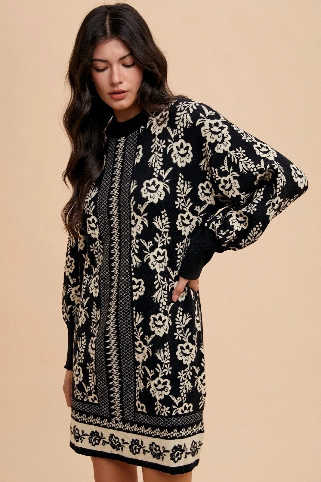 Floral Jacquard Round Neck Black Sweater Dress