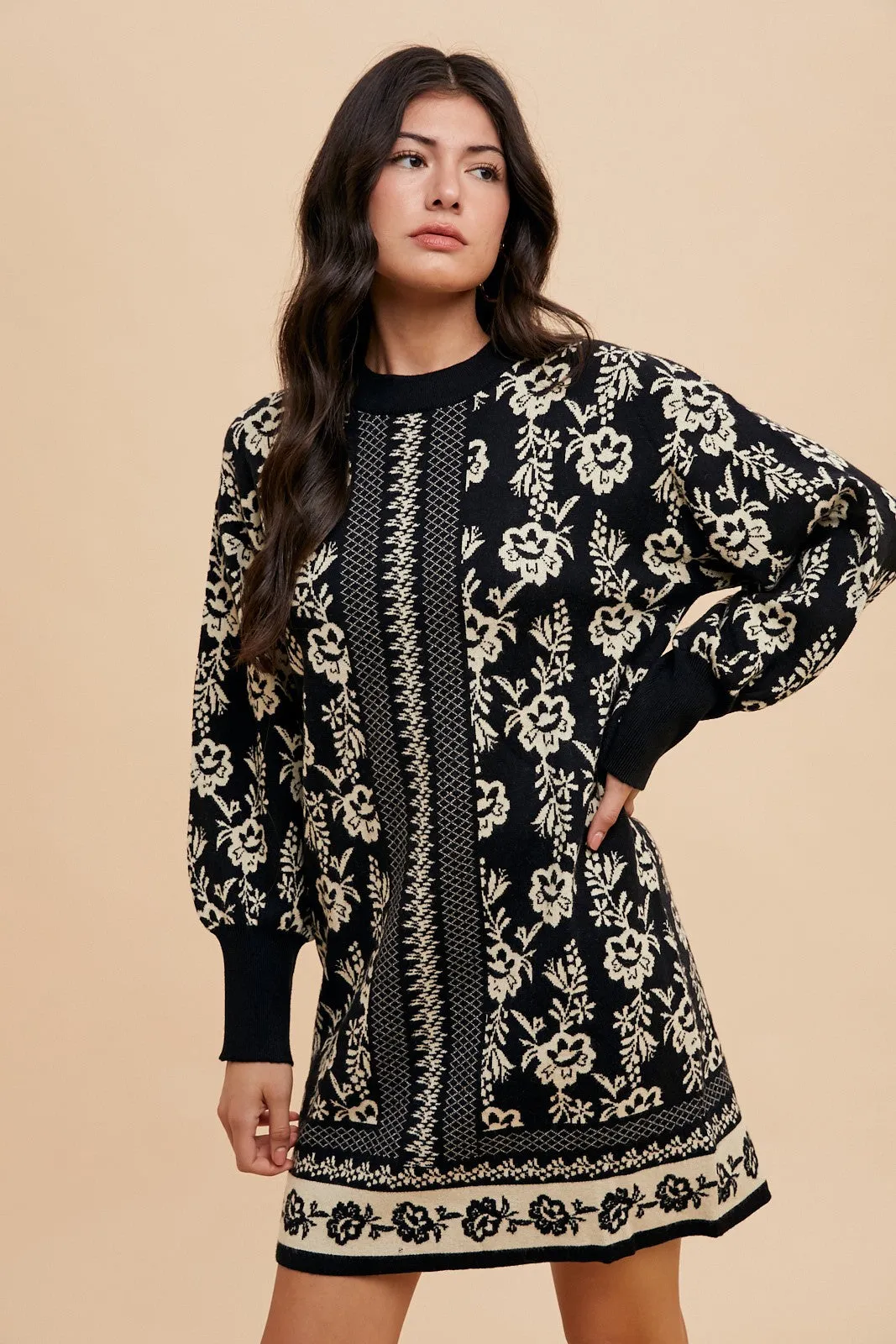 Floral Jacquard Round Neck Black Sweater Dress