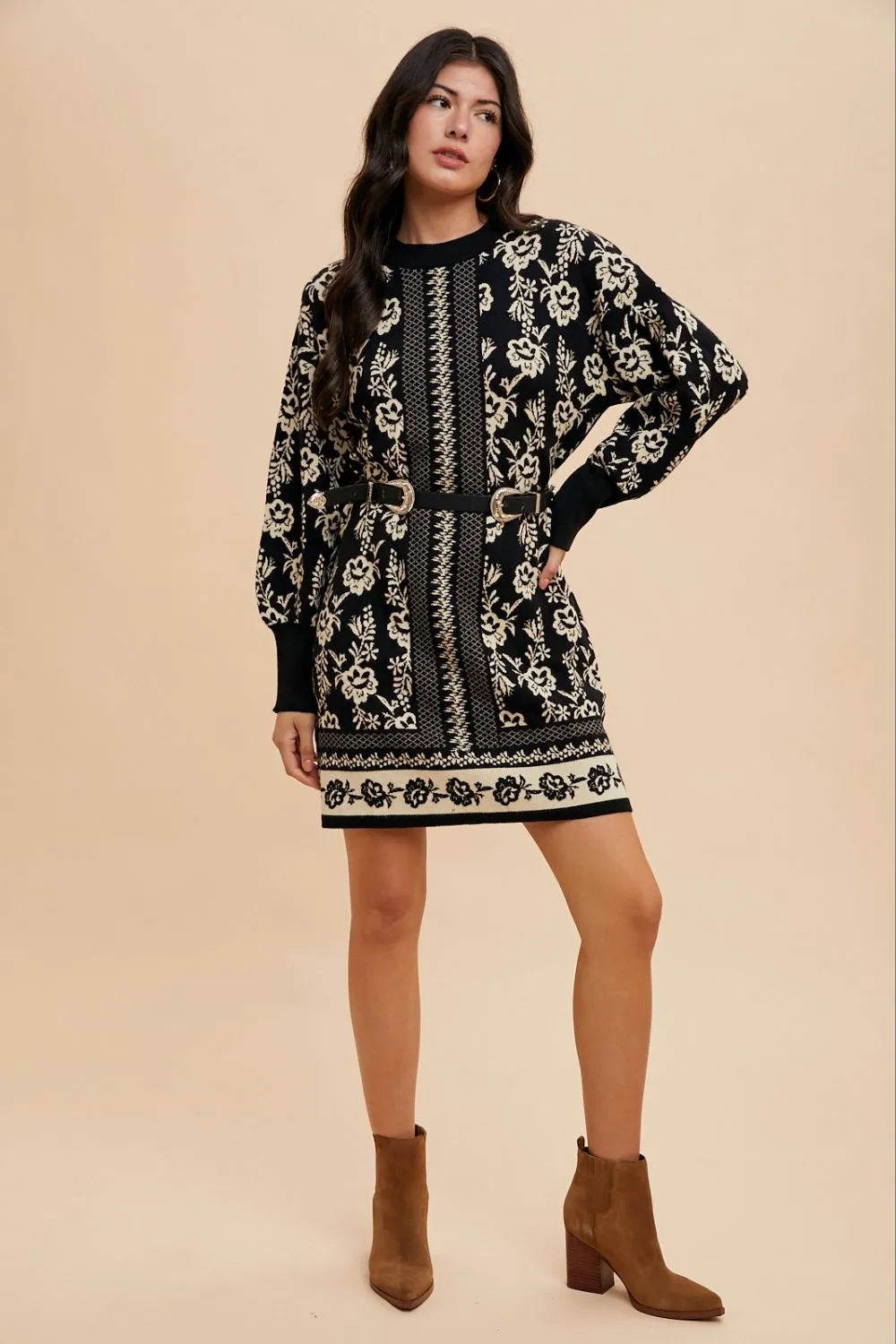 Floral Jacquard Round Neck Black Sweater Dress