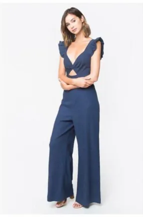 Flutter Sleeve Cutout Denim Jumpsuit