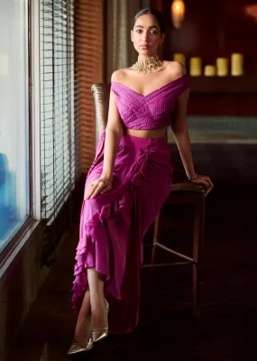 Fuschia Ruffled Drape Skirt with off Shoulder Pleated Blouse