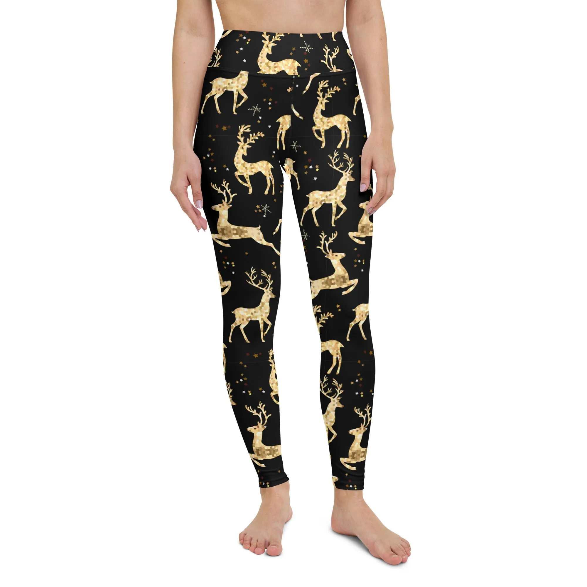 Golden Reindeers Print Yoga Leggings