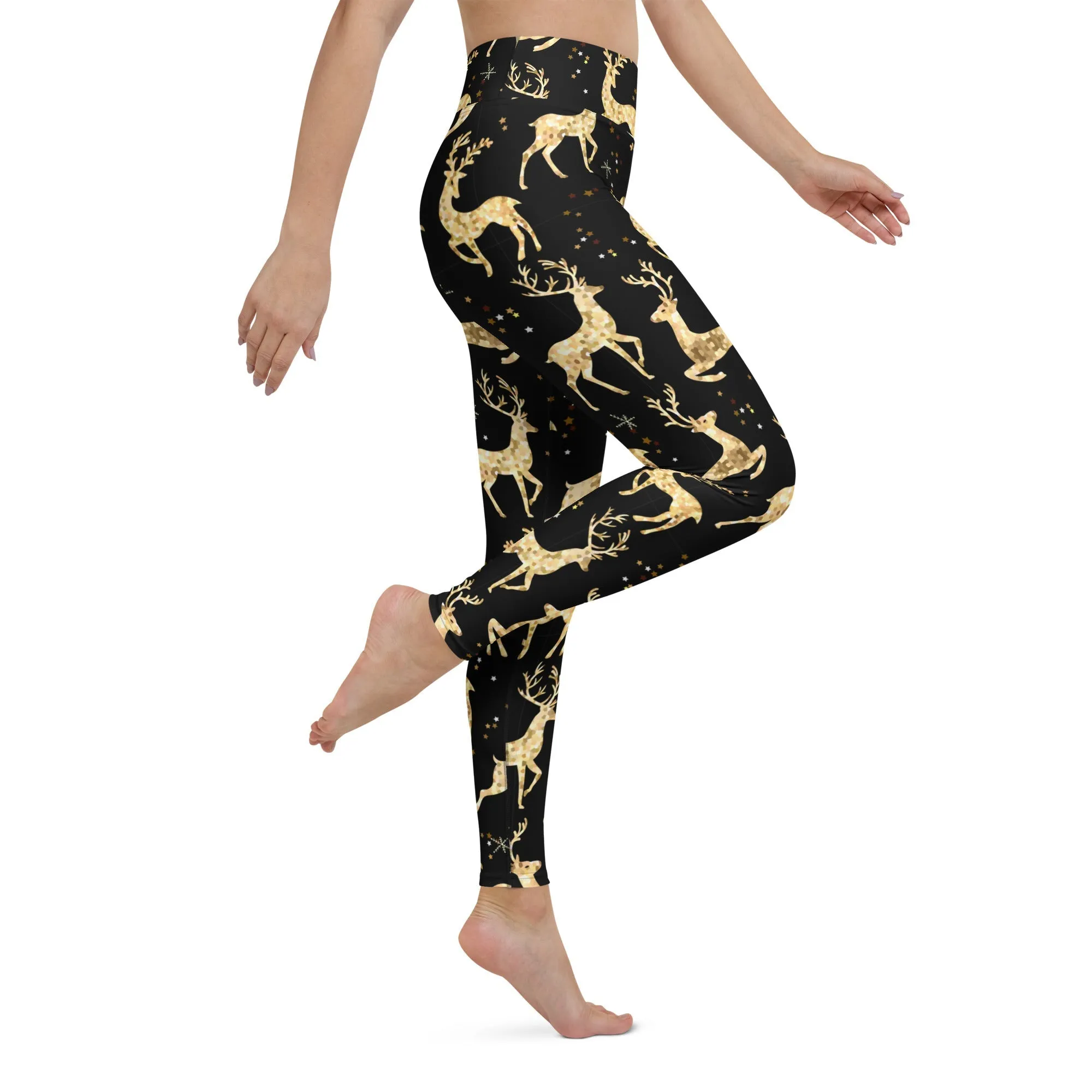 Golden Reindeers Print Yoga Leggings