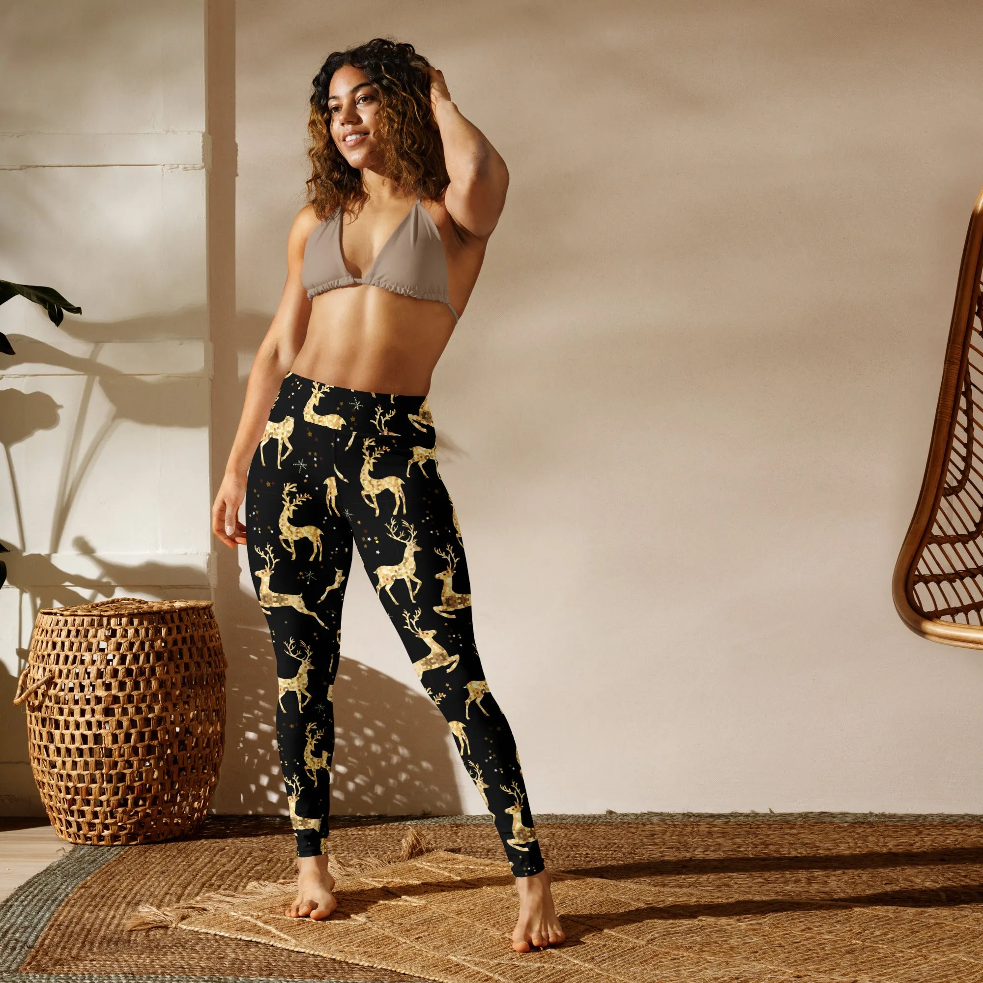 Golden Reindeers Print Yoga Leggings