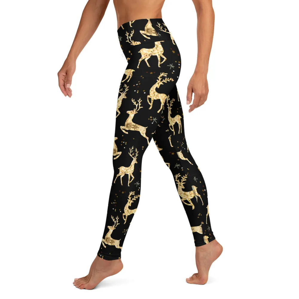 Golden Reindeers Print Yoga Leggings