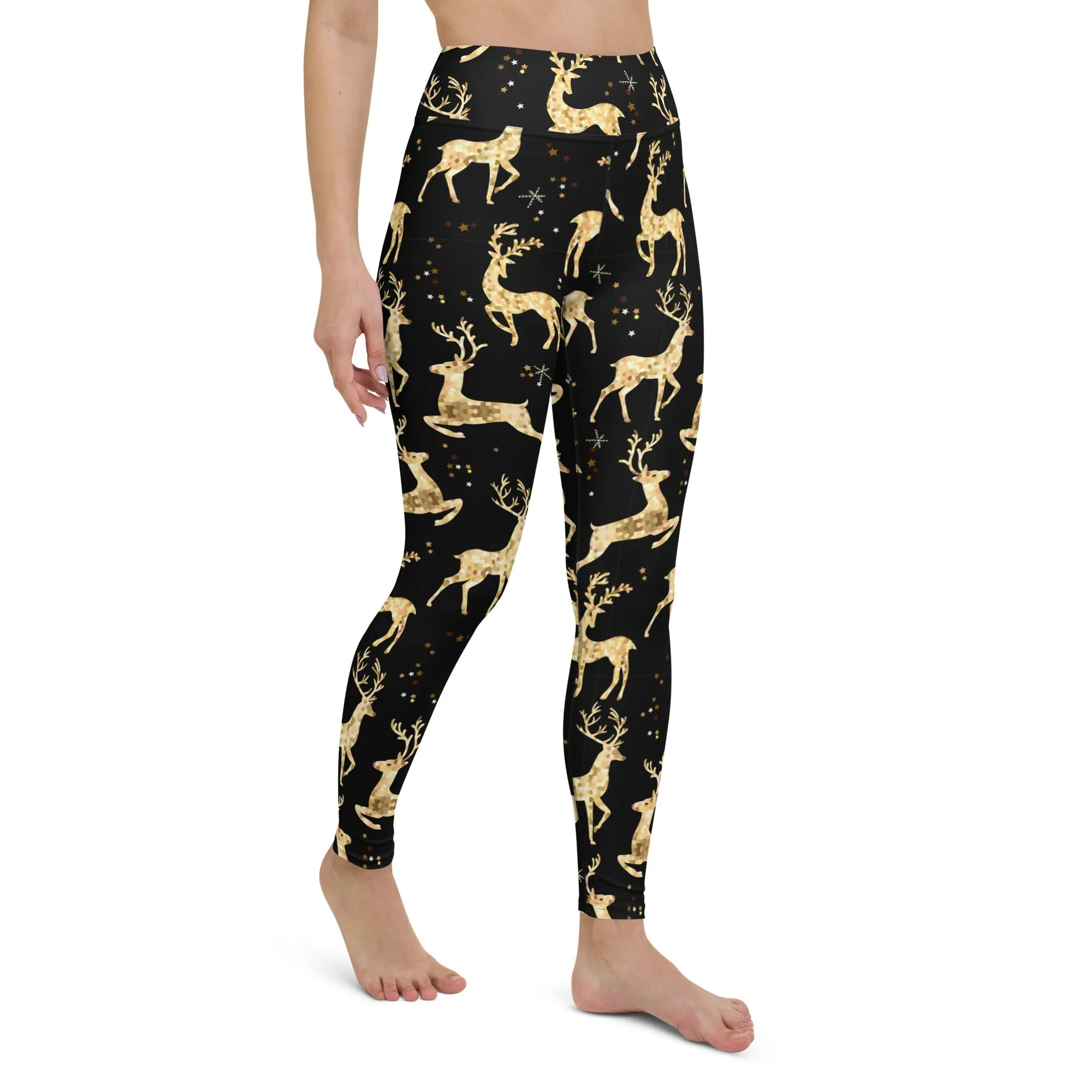 Golden Reindeers Print Yoga Leggings