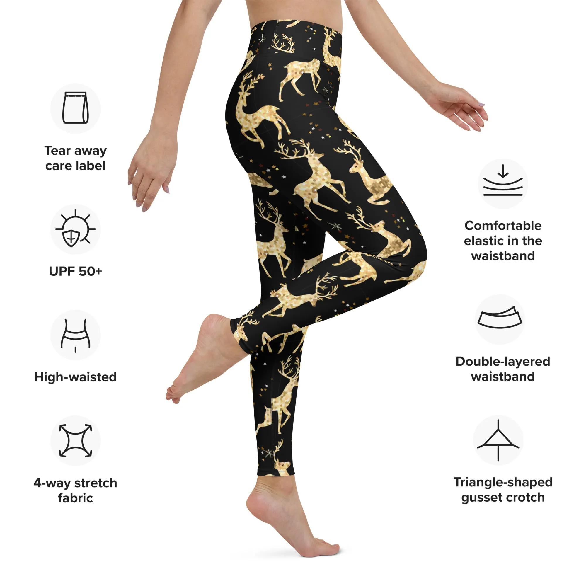 Golden Reindeers Print Yoga Leggings