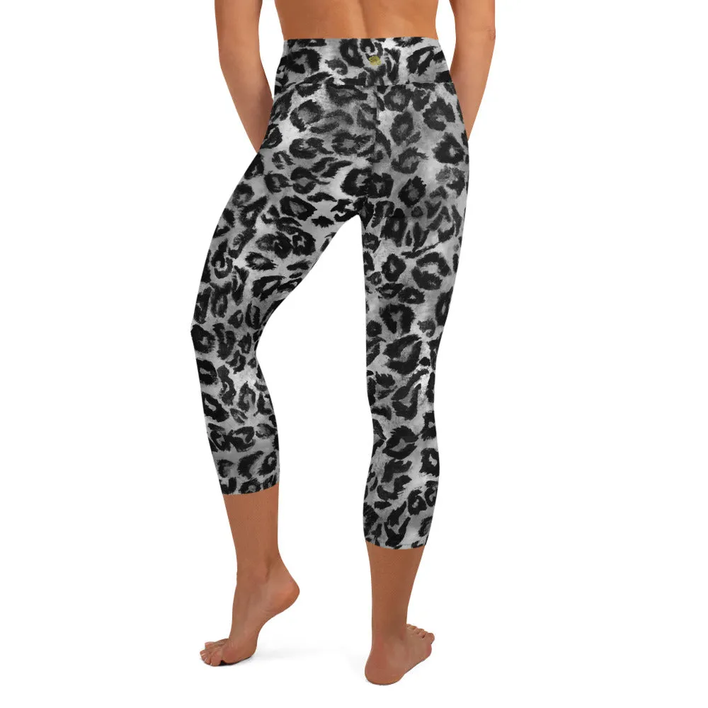 Gray Leopard Print Tights, Animal Print Women's Yoga Capri Leggings Pants Tights- Made in USA/ EU