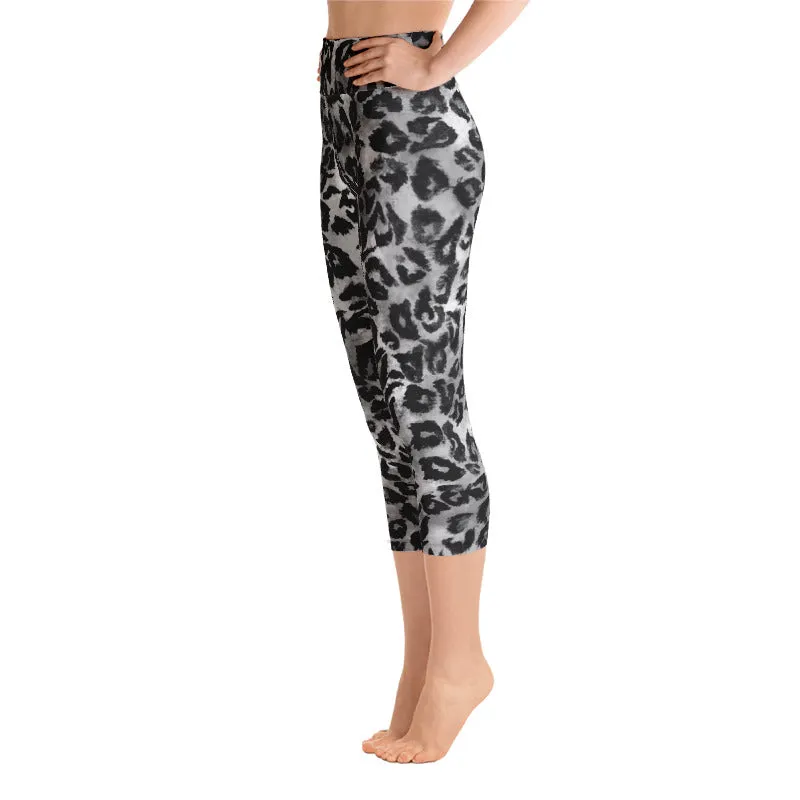 Gray Leopard Print Tights, Animal Print Women's Yoga Capri Leggings Pants Tights- Made in USA/ EU