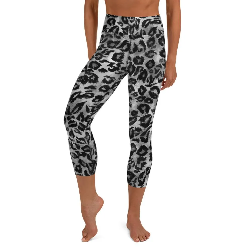 Gray Leopard Print Tights, Animal Print Women's Yoga Capri Leggings Pants Tights- Made in USA/ EU