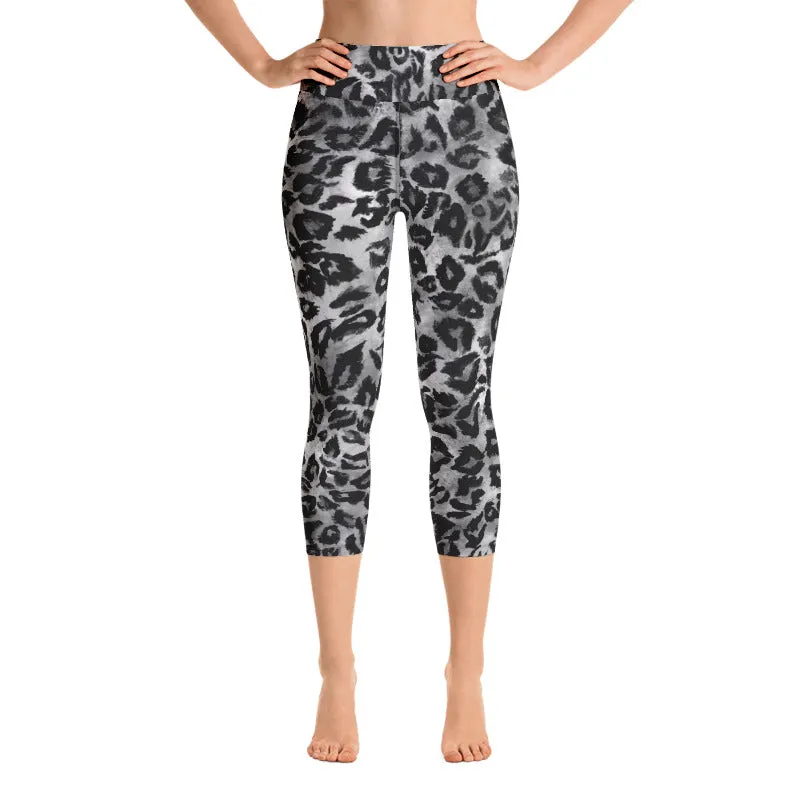 Gray Leopard Print Tights, Animal Print Women's Yoga Capri Leggings Pants Tights- Made in USA/ EU