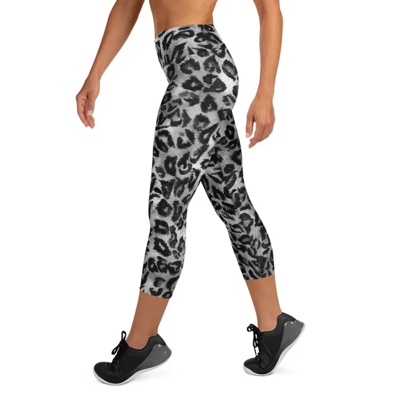 Gray Leopard Print Tights, Animal Print Women's Yoga Capri Leggings Pants Tights- Made in USA/ EU