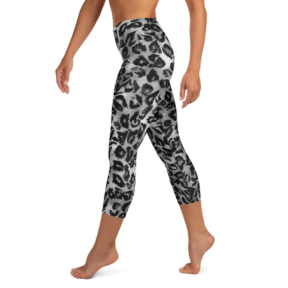 Gray Leopard Print Tights, Animal Print Women's Yoga Capri Leggings Pants Tights- Made in USA/ EU