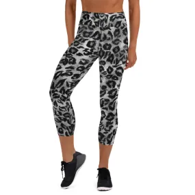 Gray Leopard Print Tights, Animal Print Women's Yoga Capri Leggings Pants Tights- Made in USA/ EU