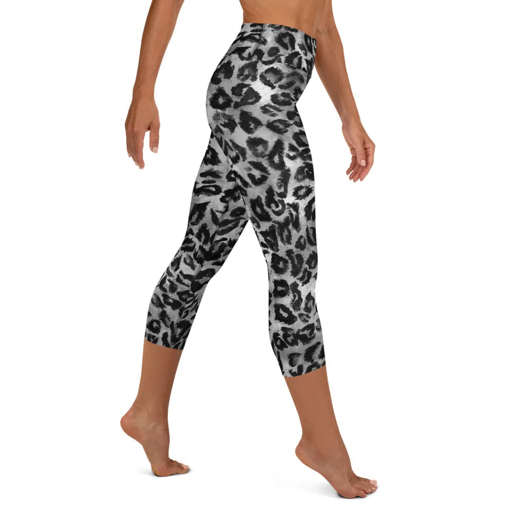 Gray Leopard Print Tights, Animal Print Women's Yoga Capri Leggings Pants Tights- Made in USA/ EU