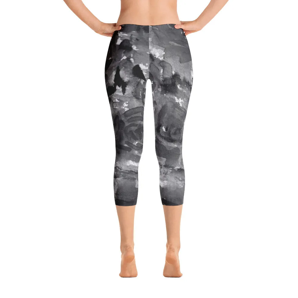 Gray Rose Floral Capri Leggings, Designer Capris Casual Tights Activewear - Made in USA