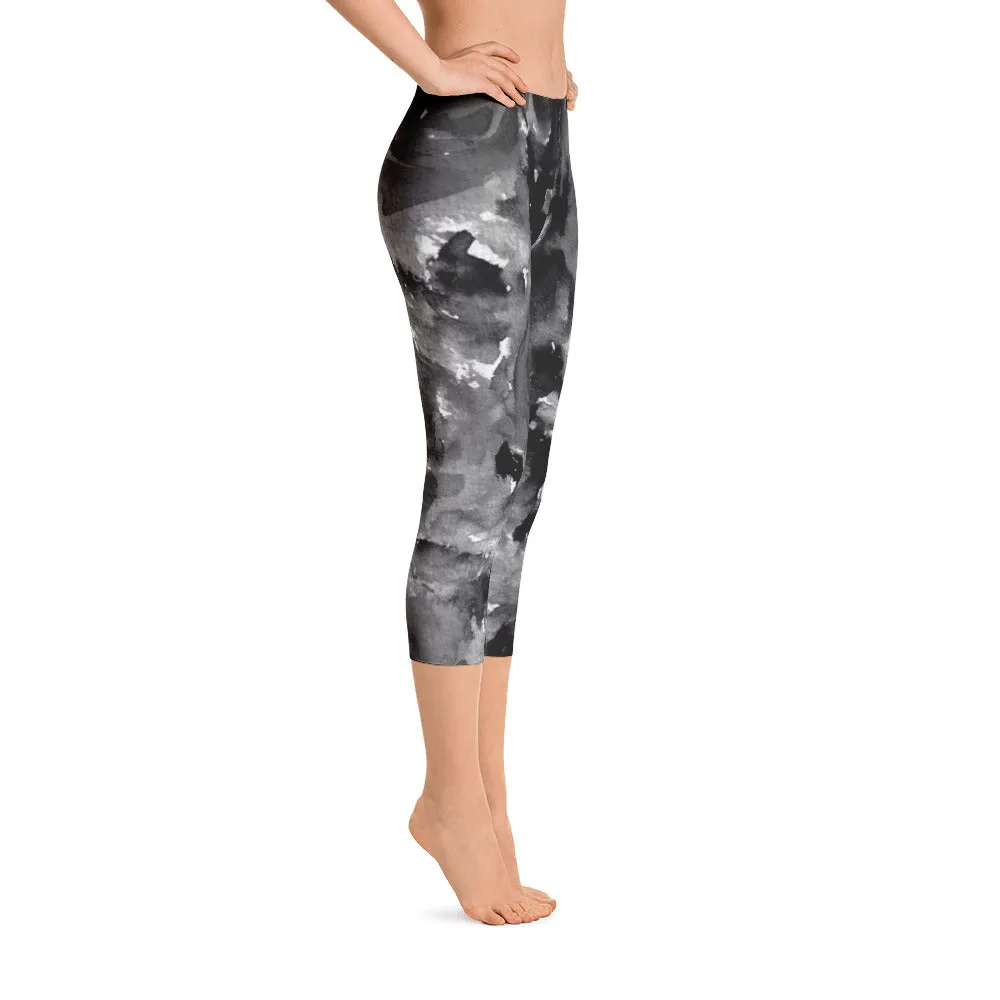 Gray Rose Floral Capri Leggings, Designer Capris Casual Tights Activewear - Made in USA