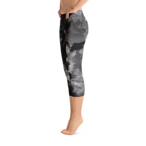 Gray Rose Floral Capri Leggings, Designer Capris Casual Tights Activewear - Made in USA