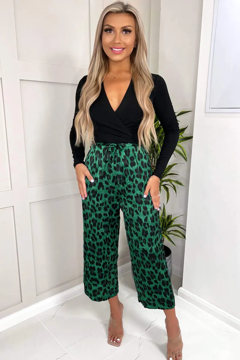 Green And Black Animal Print Long Sleeve 2 In 1 Jumpsuit