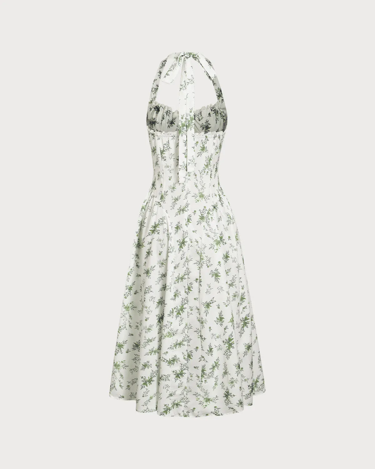 Green Floral Ruched Lace Halter Midi Dress