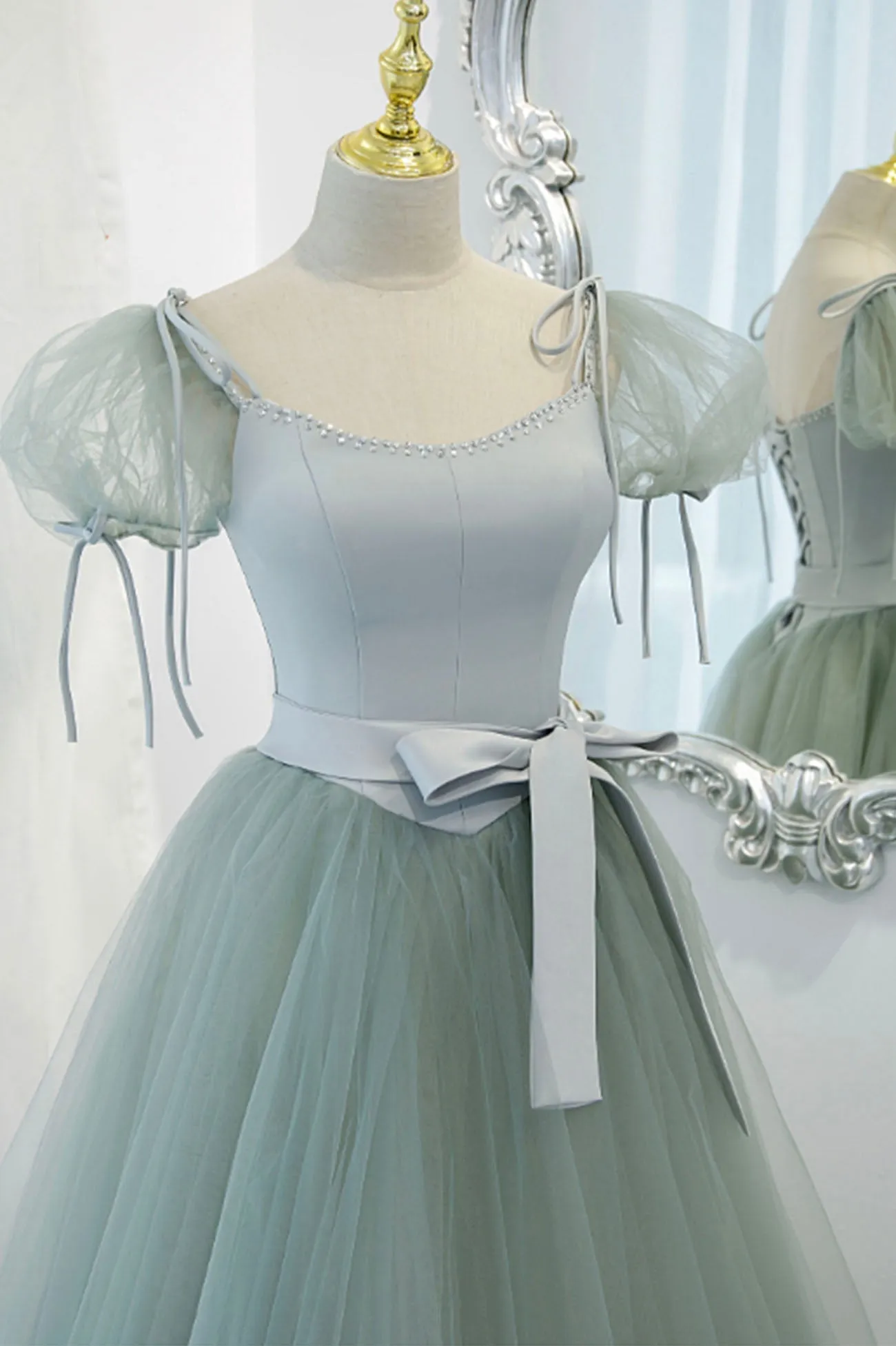 Green Tulle Long A-Line Prom Dress, Cute Short Sleeve Graduation Dress