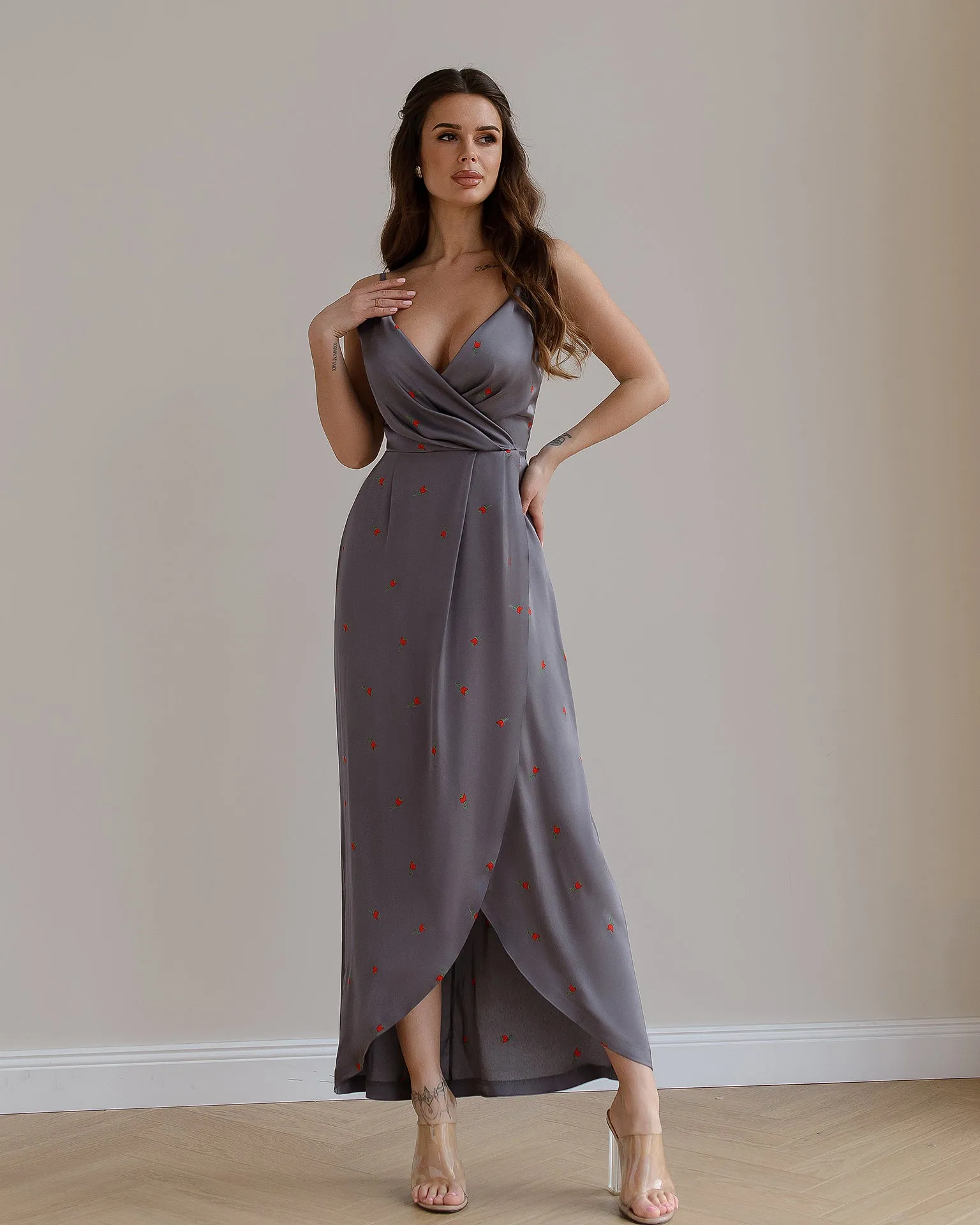 Grey Floral-Print Silk Slip Midi Dress